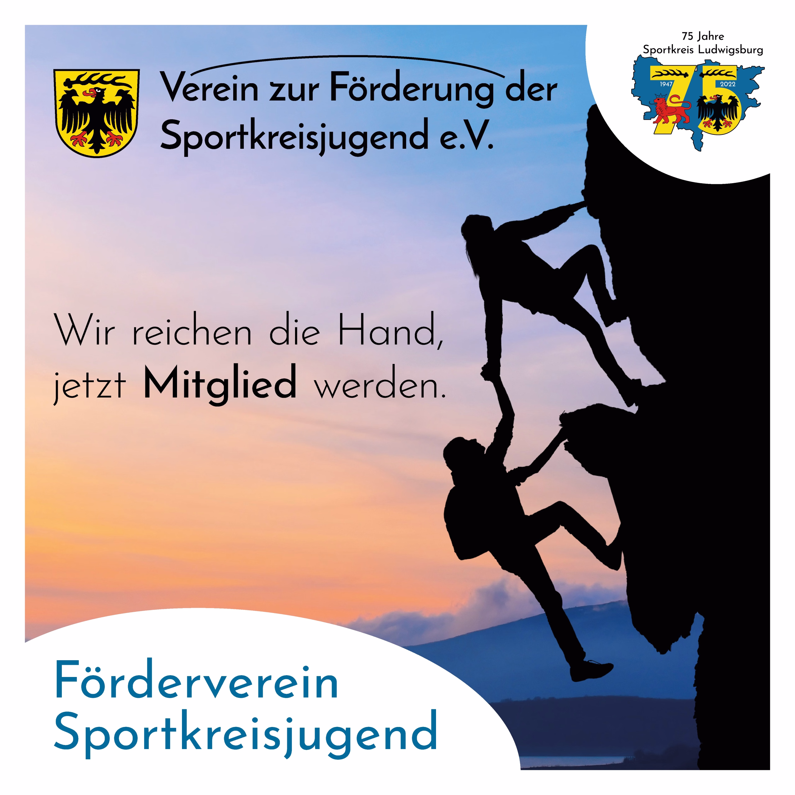 Sportliches Plakat mit Silhouetten spielender Person, Schrift „Verein zur Förderung der Sportkreisjugend“ und Aufruf „Wir reichen die Hand“.