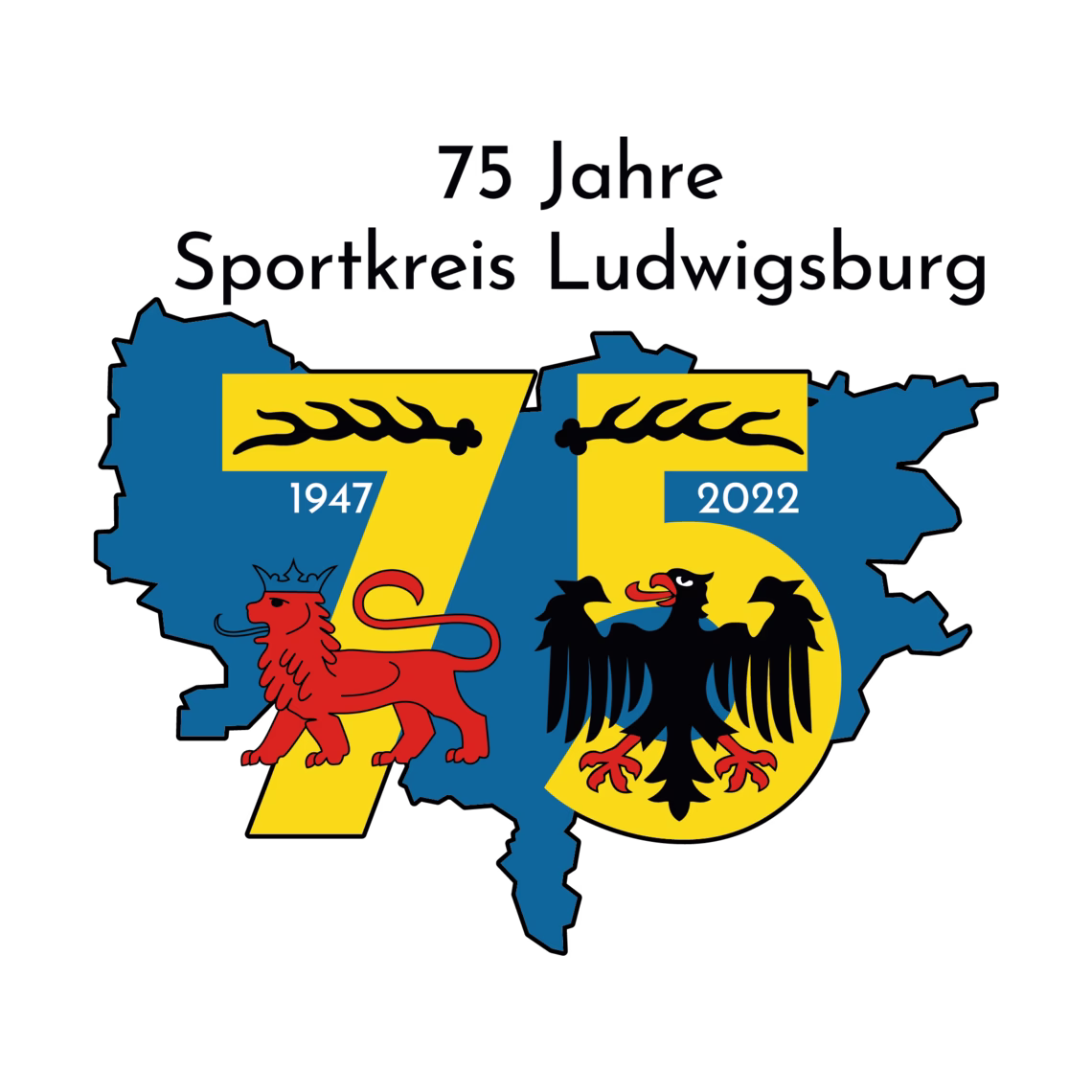 Jubiliäumslogo mit Schrift „75 Jahre“, Vereinsbezeichnung, farbigem Kartenumriss und zwei stilisierten Wappenmotiven mit Jahreszahlen 1947 und 2022.