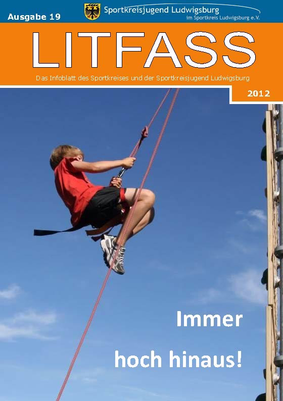 Titelseite mit Sportler im roten Trikot an einer Kletter-/Seilaufhängung am Himmel, mit Aufschrift „Immer hoch hinaus!“ und Jahr 2012.