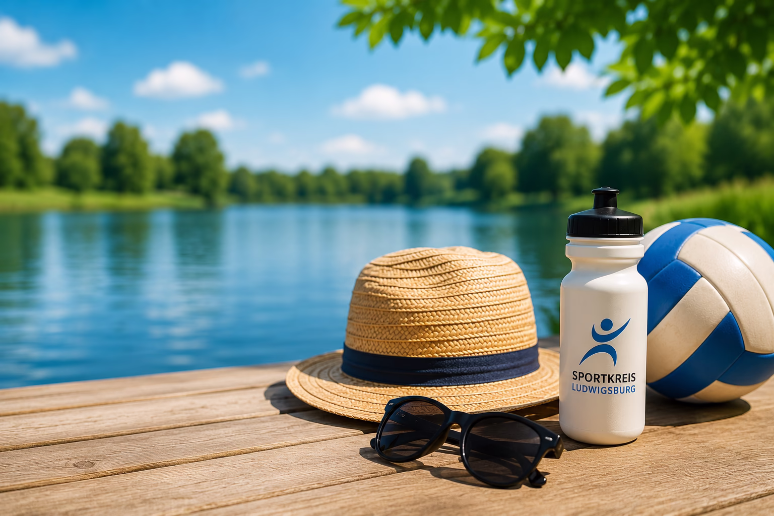 Sommerpause Sonnenhut, Sportflasche und Fußball liegen auf einer Holzpromenade am See; vermittelt Sommerpause und Freizeitzeit am Wasser.
